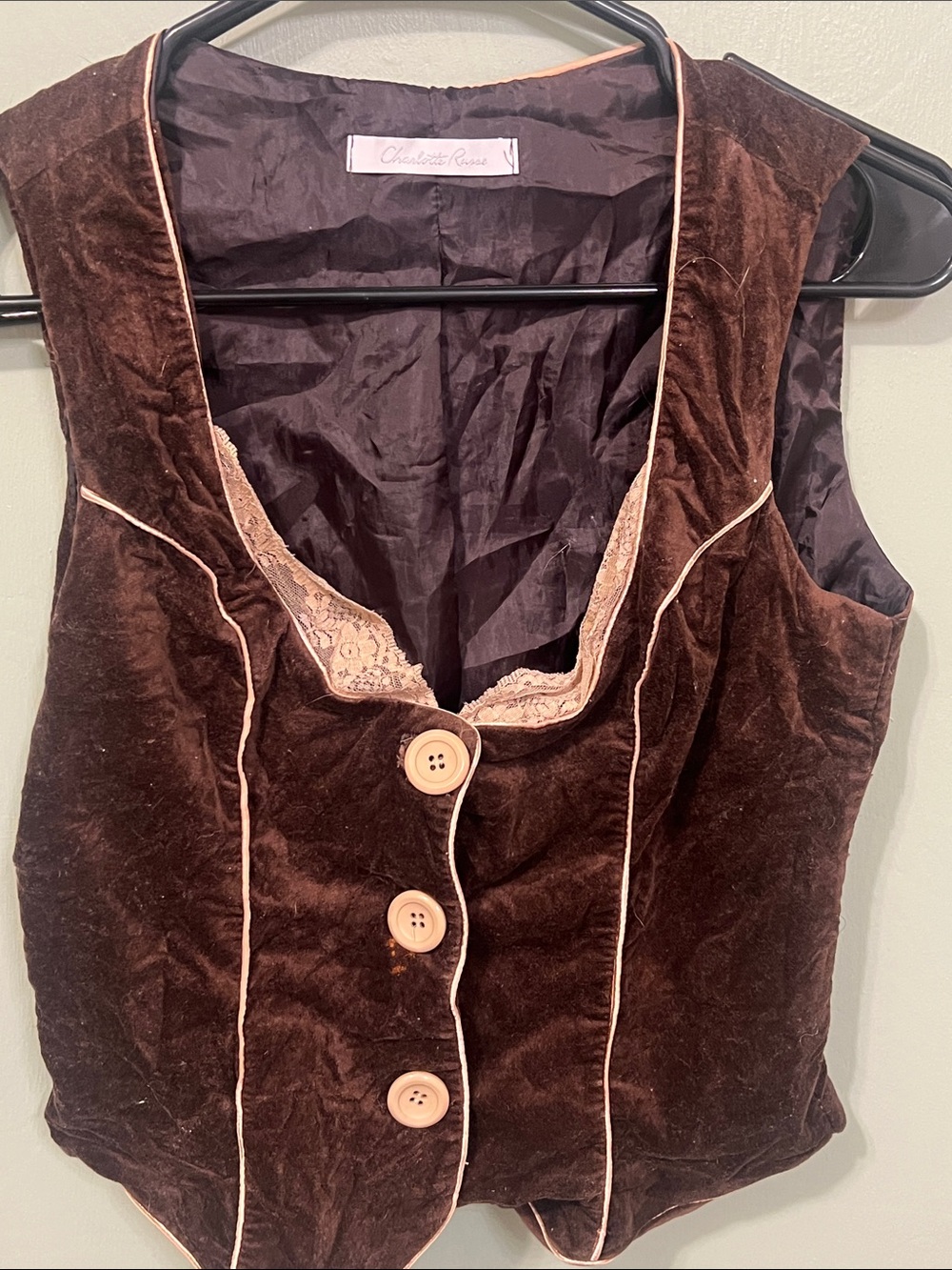 Charlotte Russe Brown Velvet Button-Front Vest with Cream Piping
